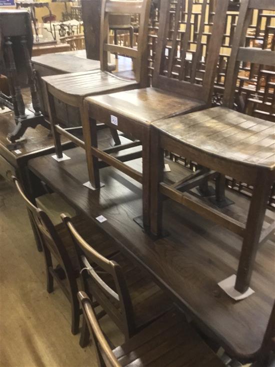 Oak refectory-style trestle table and a set of 5 slatted seat chairs & another